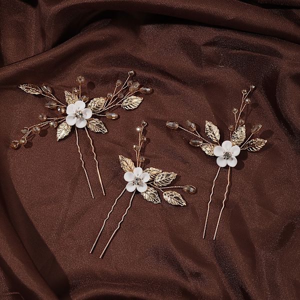 Set med 3 bröllops-håraccessoarer - Bröllopsblommor i guld, hårnålar för kvinnor och flickor O