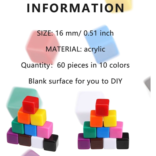 60 stycken 16 mm tomma tärningar kuber akryl tärningar blandade färger DIY B