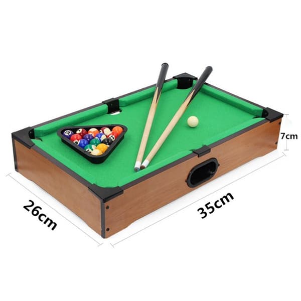 Mini poolbord mini billardbord legetøj træ look 2 køer, bolde,