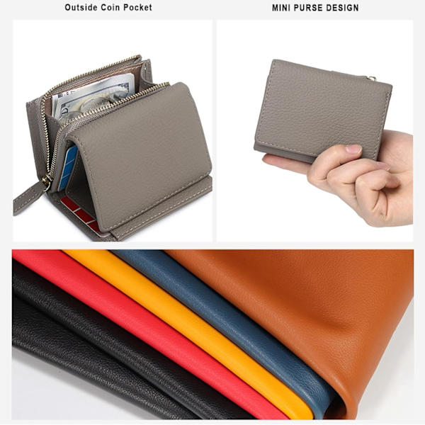 Grå Kvinders Ægte Læder Mini Tegnebog RFID Blokering Kort Indehaver Organizer Lomme Mini Tegnebog, Foldbar Slank Kompakt W