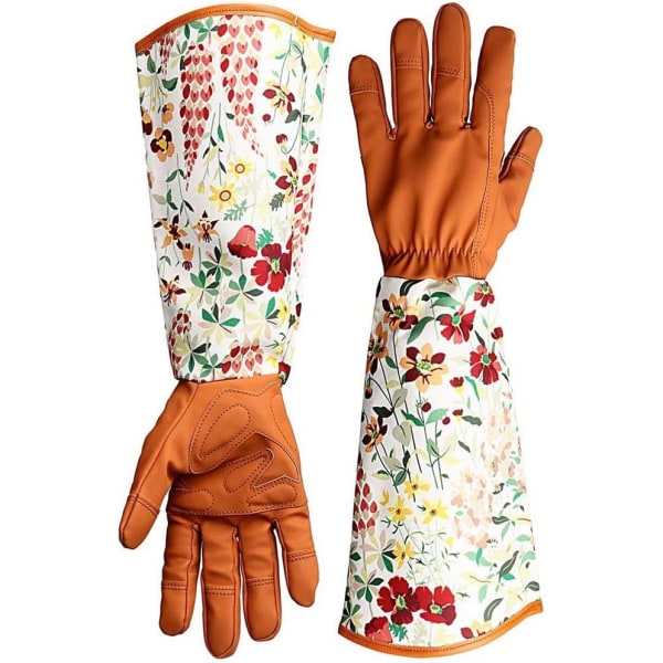 Tornebestandige Havehandsker i Læder, Blomsterprint Manschetter, Lang Underarmsbeskyttelse, til Kvinder Havebeskæringshandsker A