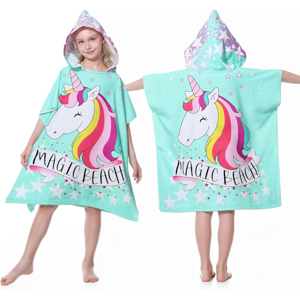 Green Unicorn - Kids Hooded Poncho Towels, Beach Changing Robe Bath Towel Poncho for Swimming Pool,