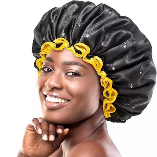 (Size M) 1 piece black with yellow edge, long hair women's shower cap, men's reusable waterproof sho