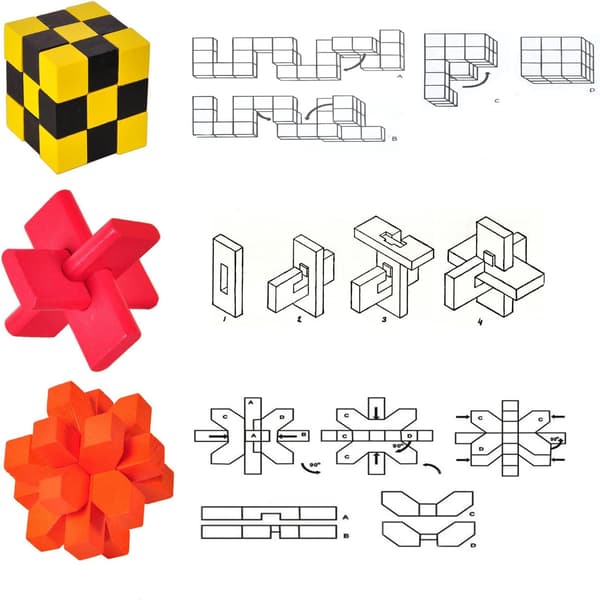 6 st träpussel, hjärnpusselspel, 3D IQ-pussel M