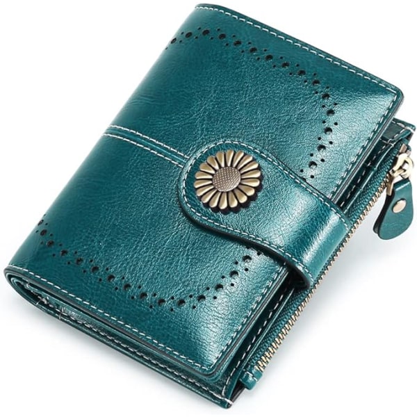 (Peacock Blue) Liten bifold plånbok i läder för kvinnor med ID-fönster