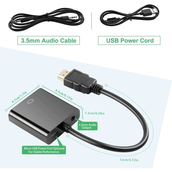1080P HDMI till VGA-adapter, omvandlare (hane till hona) med ljud