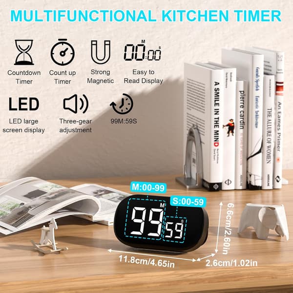 (Sort) Magnetisk køkkentimer med stort LCD-display, digitalt køkkentimer, magnetisk nedtællingstimer, digital timer 3