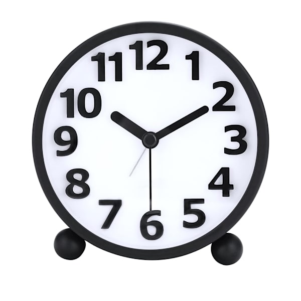 Tyst analog alarmklocka, svart metallstora 3D-siffror, snooze