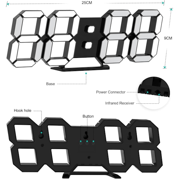 Sort 3D LED Digital Væg Ur Stort Lysende Vækkeur Lydløs Snooze Funktion Justerbar Lysstyrke 12/24 Timer Da