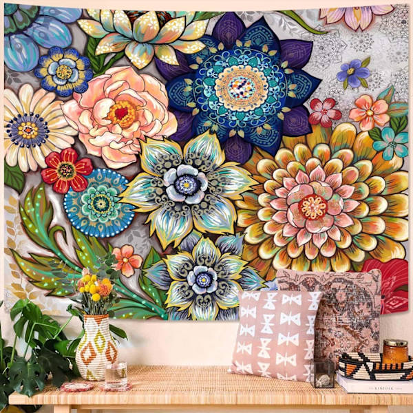 60×80 tum Färgglad Blommig Gobeläng Väggbonad, Ljusa Boho Tyg Blomster Gobelänger, M