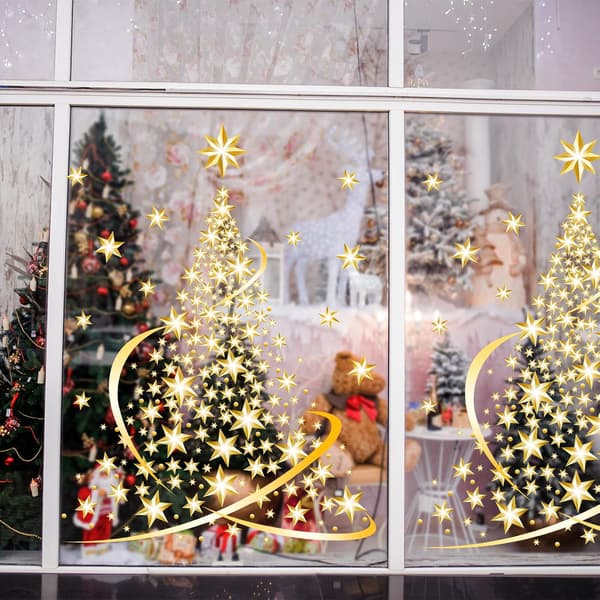 Julgransglasdekal, statisk PVC-snöflingefönsterdekal, guld