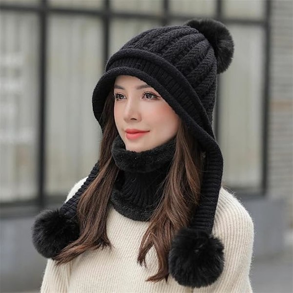Vinterlue Beanie-lue med Peruansk Sirkelskjerfsett, Skiøreklaffer for Kvinner