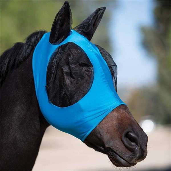 Horse Fly Mask (Blue) - Mesh Eyes and Ears, Breathable Fabric, UV Protectio