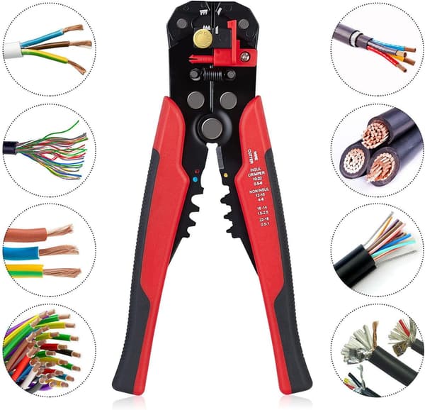 (Rød) 5-i-1 Selvjusterende Wire Stripper, Wire Crimping Tool, Wire Tang for Stripping, Kapping, C