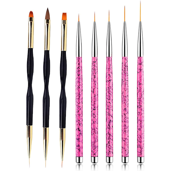 8 st Nail Art Pensel, 5 st Rosa Nagel Detaljpensel, 3 st