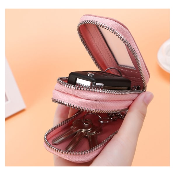 (Rosa) Case - Läderväska med dubbel dragkedja - Nyckelhållare wi