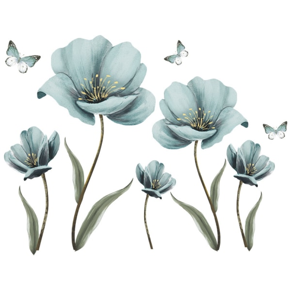 Stora blå blomma väggdekaler Vintage blommig väggdekor fjäril flygande