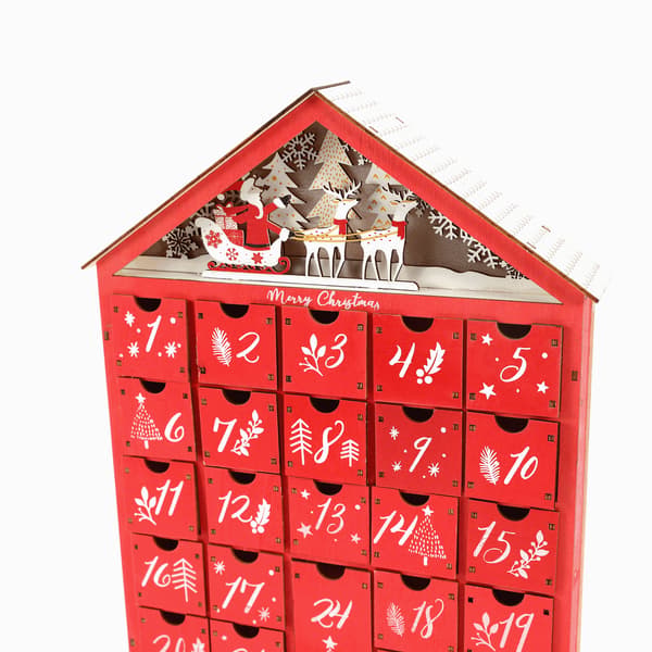 Stor genanvendelig træ-julekalender med belysning, æske med 24
