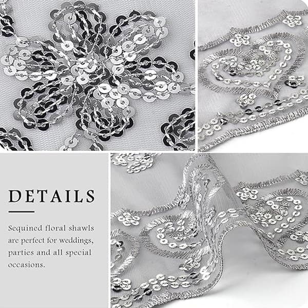 Sequin-besat blomsterkappe og sjal til aftenkjoler, kvinders glitrende gennemsigtige mesh bryllupskappe til aftenfester silver