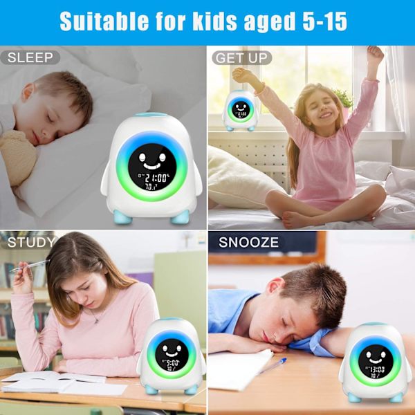 Barnealarmklokke, Vekkerlys 5 Farger 5 Lyder Nattlys Bordlampe Sengelampe Digital Alarm