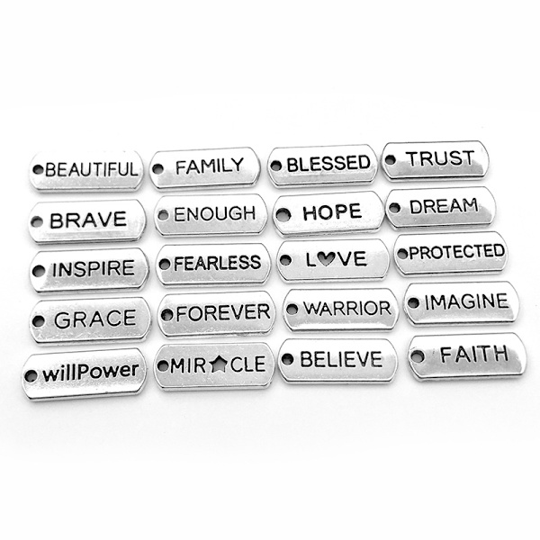 20 stk. Inspirerende ord charms vedhæng rektangulære vedhæng til smykkefremstilling, DIY armbånd