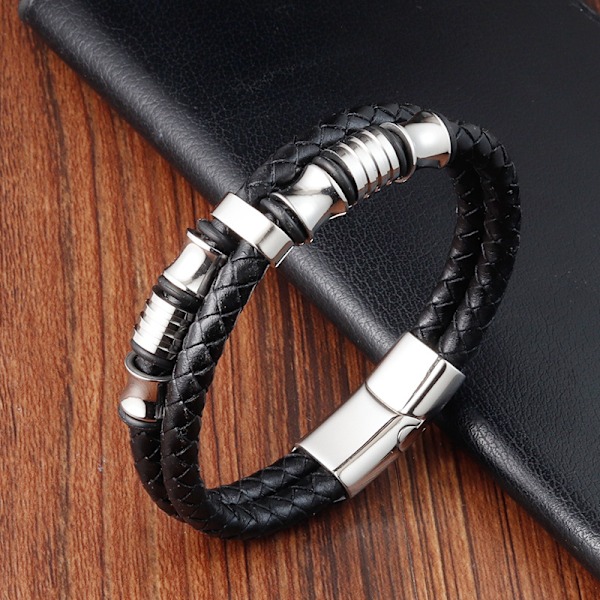 Mænds Dobbelt-Række Sort Flettet Læder Armbånd Bangle Håndledsrem w U