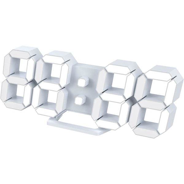Hvit 3D LED Digital Veggklokke Stor Lysende Vekkerklokke Støysvak Snooze-funksjon Justerbar Lysstyrke 12/24 Timer Da
