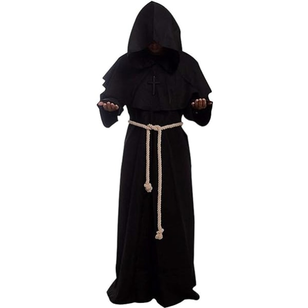 Svart Størrelse:XXL Cosplay Robes Priest Friar Hette middelaldermunk Re