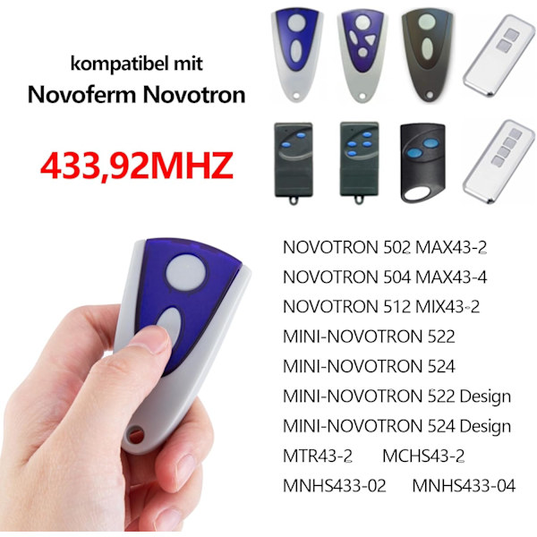 433,92 MHz fjärrkontroll för garageportöppnare, kompatibel med Novoferm MCHS43-2, MTR43-2, MNHS433