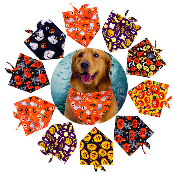 7 st Halloween hundhalsduk, husdjurshalsduk, hundbandana, tvättbar triangel hundhalsduk, pumpa och spökmönster