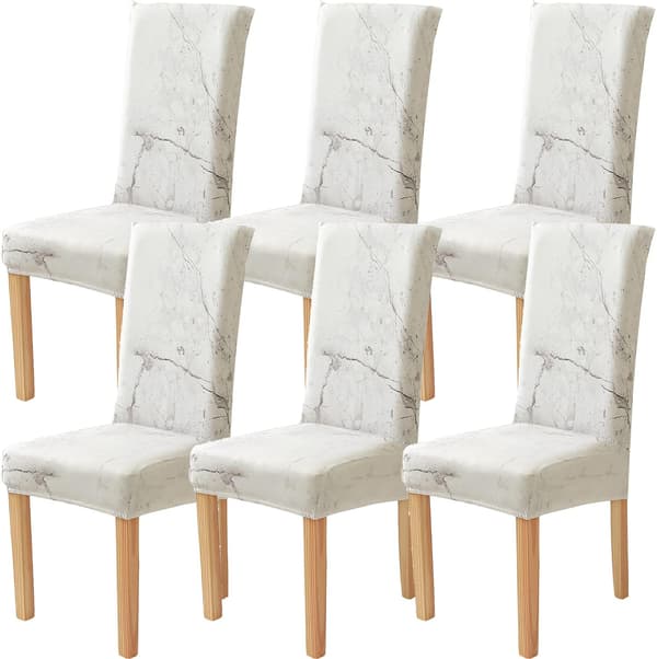 Stolsöverdrag för Matsal Set om 6 Stretch Överdrag Elastiska Stolsöverdrag för Kök Matsal Marmor Off White