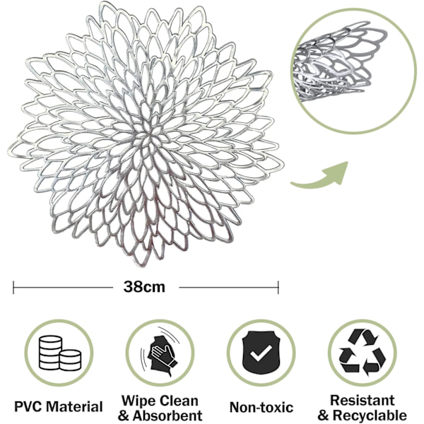 Sølv PVC Dækkeservietter Sæt med 2 Runde Blomster Dækkeservietter Vaskbare Varmebestandige Bordmåtter til Moderne K