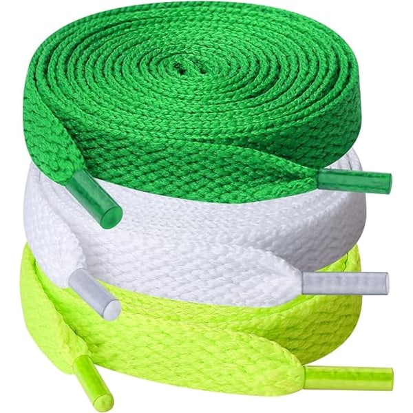 3 par snørebånd (hvid + grøn), 0,8 cm brede flade snørebånd f