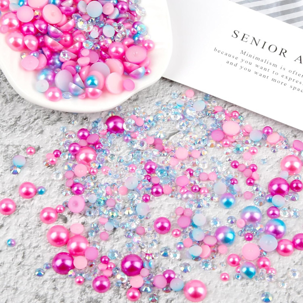 (Pink) 100g Gradient Halvperler og Diamanter, 3mm-10mm Halvrunde Flatback Perleperler Resin Imitati