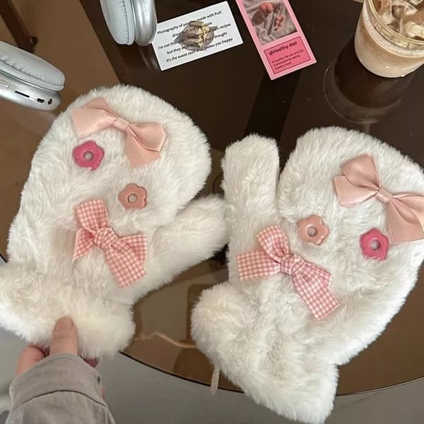 Plush Bow Plys Handsker - Søde Strikede Handsker til Studerende - Varme og Søde Handsker til Vinter
