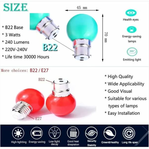 Värillinen LED-lamppu B22 3W - 40 kpl