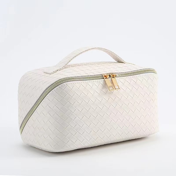 (White) 1 piece large capacity cosmetic bag, travel cosmetic bag with handle and divider flat bottom