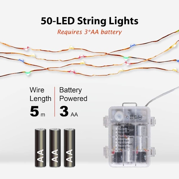 2-pack 5m LED-ljusslingor med 50 flerfärgade LED-lampor, batteridrivna och med timerinställning via fjärrkontroll, inomhus