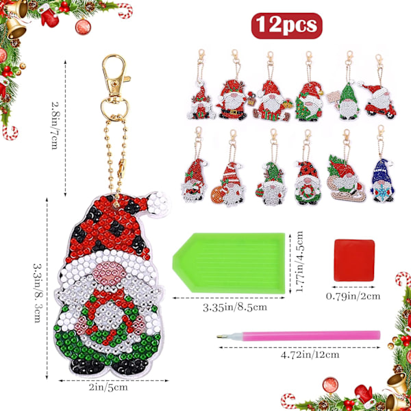 12 stk 5D jule diamantmaleri nøkkelring anheng DIY jule diamantmaleri broderi Chris