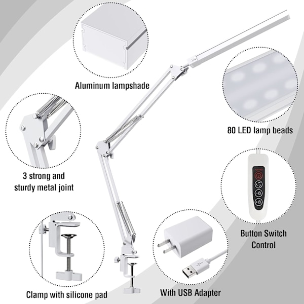 Vit LED-skrivbordslampa - Kraftfull LED-skrivbordslampa med klämma I