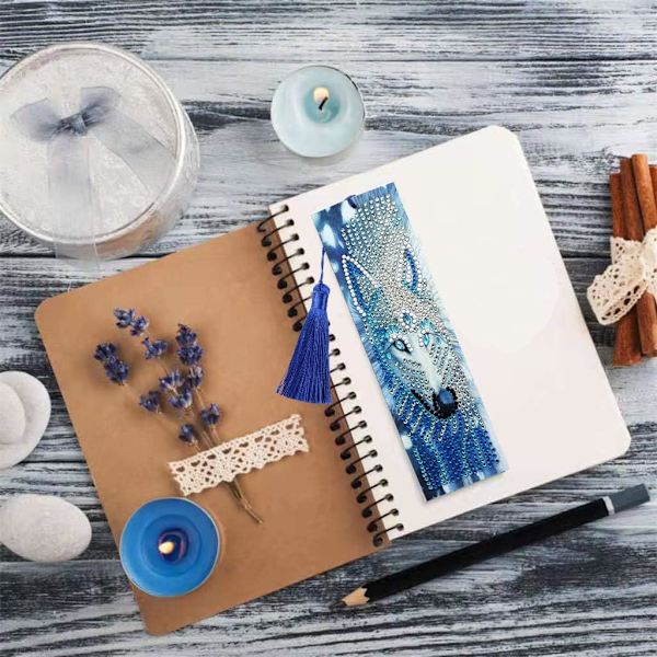 5D Diamantmålning Kit (Vargen), DIY Diamantmålning Bokmärken, Diamantbroderi Bokmärkeskit med Läder N