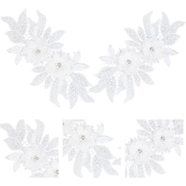 2 stk. 3D Blonder Applikationsplaster, Sy på Broderi Blonder Blomsterplaster Blomstermønster Perler Rhinestone Blonder Trimstof D