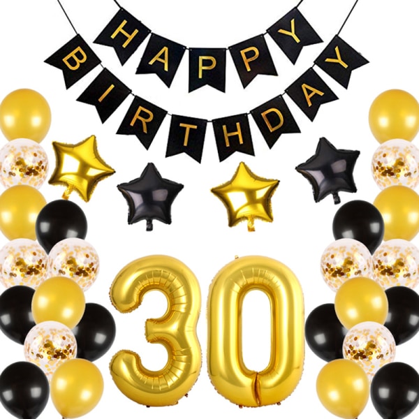 30 år gamle bursdagsfestdekorasjoner i svart gull, 30 ballonger