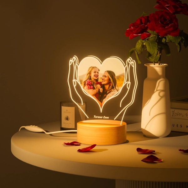 Hjärtformad nattlampa Personlig foto ram med lysande fotogåvor till mamma fru par sovrum