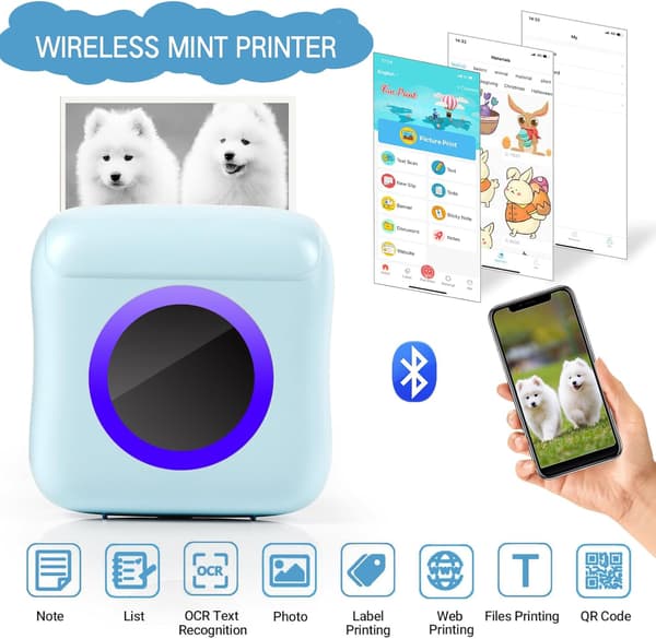 Bleu Bärbar Fotoprinter, Mini Instant Fotoprinter Trådlös Termisk Bluetooth-printer D
