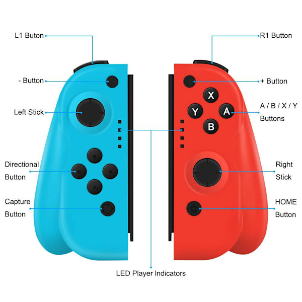 Langaton L/R Joypad -ohjain, yhteensopiva Nintendo Switch/Switch Lite -konsolin kanssa – sininen/punainen, Joy-Con -ohjaimen korvaava ohjain