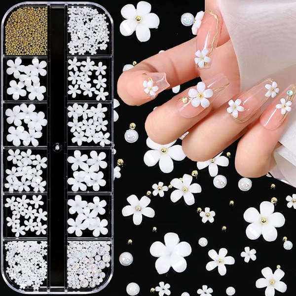 3 Pack 3D Flower Nail Art Charms, White Flowers Nail Rhinestones Kit 3D Cry