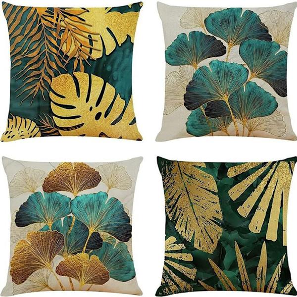 4 kpl tyynynpäällisiä 45x45cm Neliö Vihreä ja Kulta Lehdet Pellava Sohva Tyynynpäällisiä Olohuoneen Sovalle