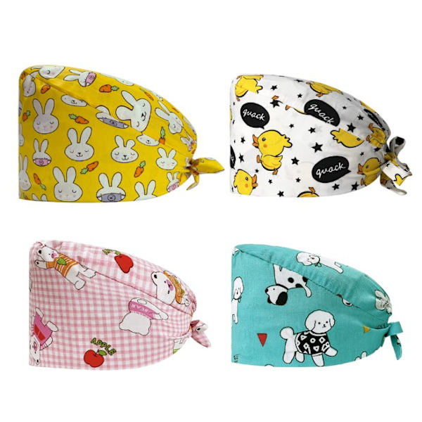 4 stk. Myke trykte luer Scrub Bouffant Bomull Turban Lue Justerbar