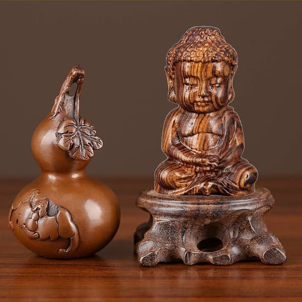 Buddha-statue, træskulptur, bedende siddende Buddha-statue, lille